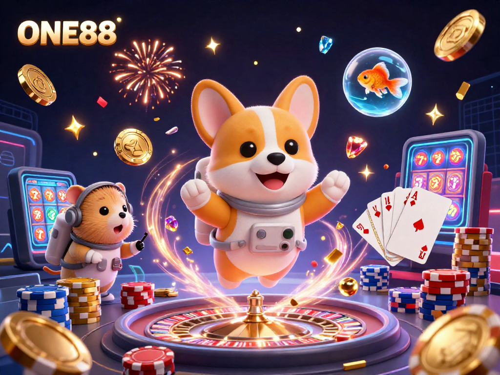 Engage with ONE88's thrilling casino experience featuring an astronaut corgi and a vibrant game scene.