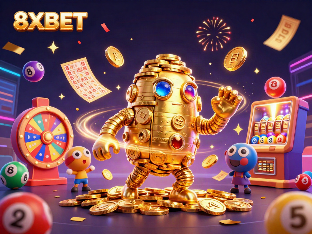 Engaging 8XBET scene featuring a golden golem amidst colorful lottery balls and vibrant casino elements.