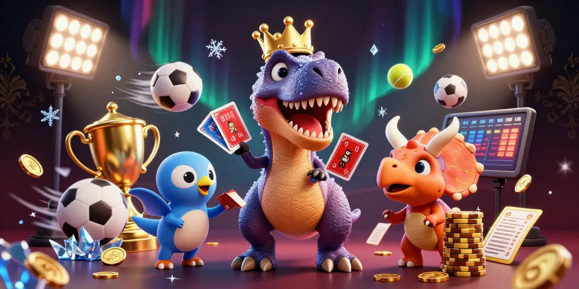 Bet on excitement at z188z with friendly T-Rex shuffling cards and vibrant sports elements.