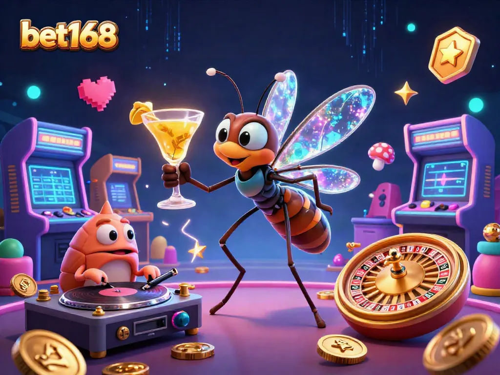 Join the excitement with bet168 at the casino, featuring unique animated characters in a vibrant atmosphere.
