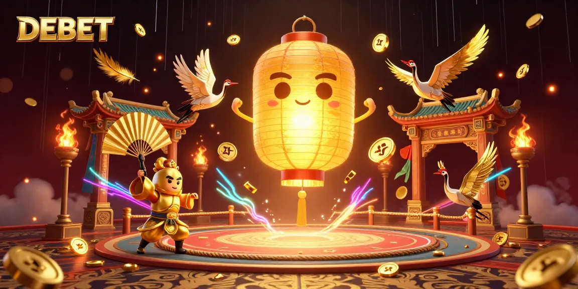 Engage in fascinating gameplay at DEBET featuring vibrant golden lanterns and warriors above a dynamic casino scene.