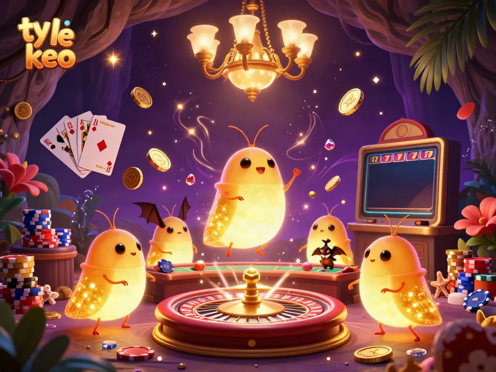 Experience excitement with ty le keo in a vibrant cave casino illuminated by glowworms, featuring cascading coins and a bat dealer.