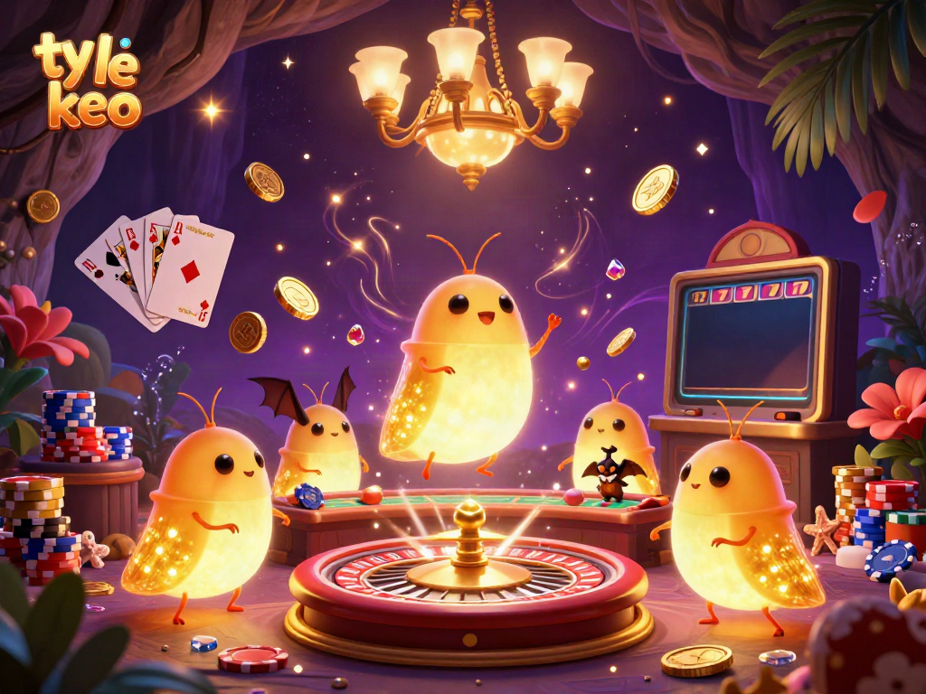 Experience excitement with ty le keo in a vibrant cave casino illuminated by glowworms, featuring cascading coins and a bat dealer.