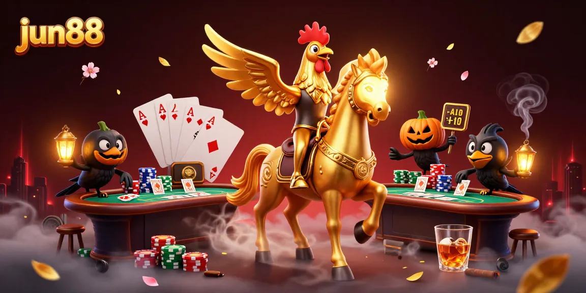 Experience the thrill of gambling at jun88 with this dynamic casino scene showcasing a golden rooster and exciting poker elements.