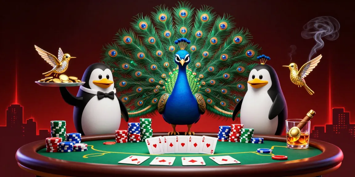 Experience thrilling poker at QS88 with an aristocratic peacock and butler penguin amidst poker chips and cards.
