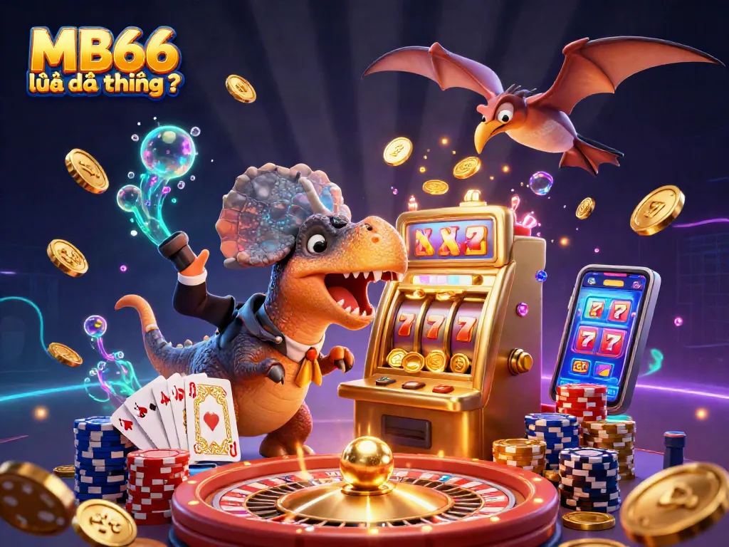 Celebrating wins at MB66 lừa đảo không ? with casino elements, vibrant characters, and golden coins.