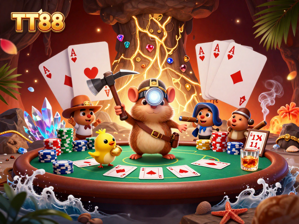 TT88 casino treasure hunting scene featuring vibrant poker elements and dynamic characters.