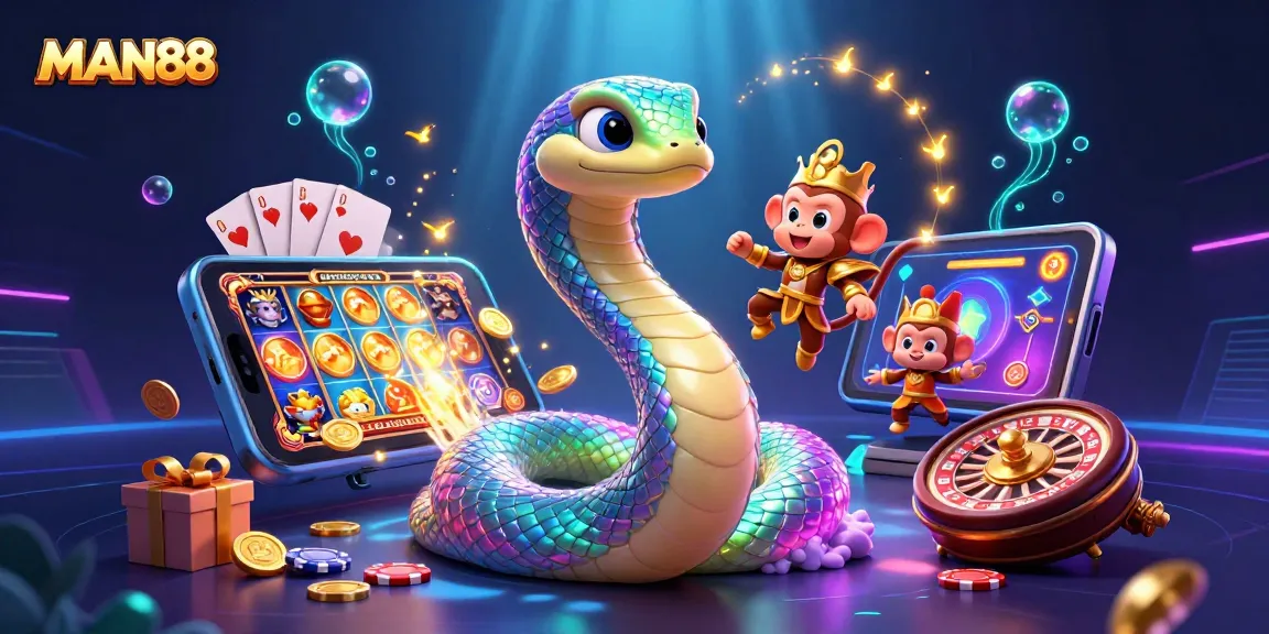 Engage with MAN88's vibrant casino-themed image featuring a rainbow serpent, monkey king, and thrilling gaming elements.
