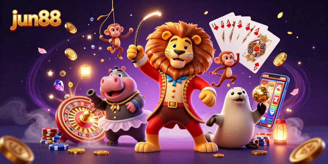 Experience the thrilling world of jun88 with vibrant 3D characters celebrating casino games and treasures.