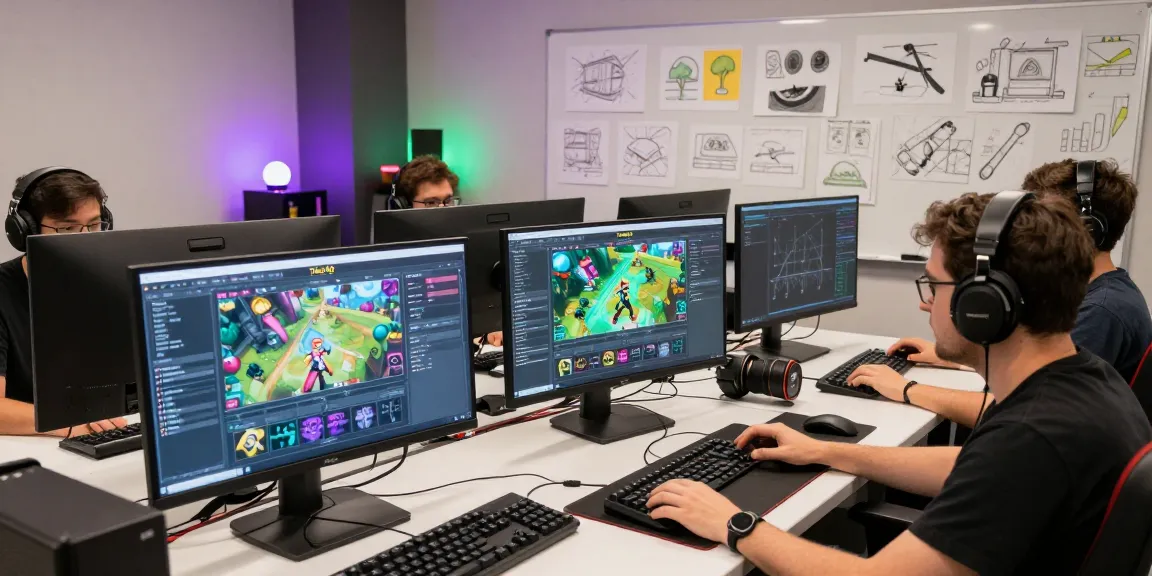Pengembang perangkat lunak di studio gaming dengan antarmuka tisu4d dan peralatan gaming modern.