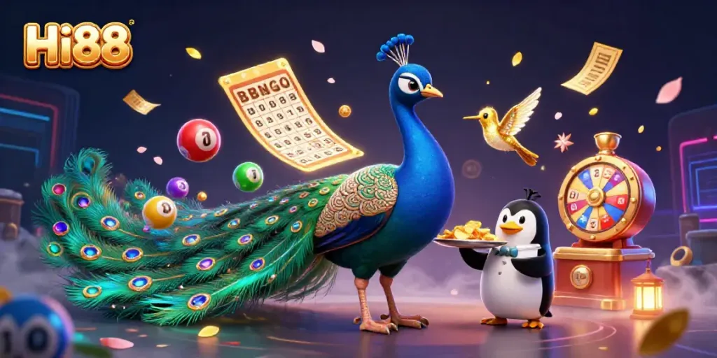 Hi88 showcases an aristocratic peacock and butler penguin amidst dynamic lottery elements in an enchanting casino setting.