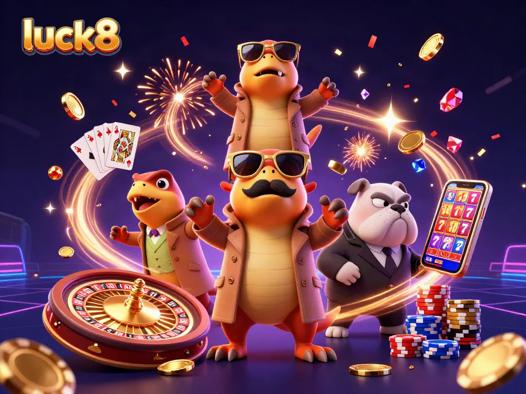 Experience thrill at luck8 with raptors in a trench coat, golden coins, and vibrant casino elements.