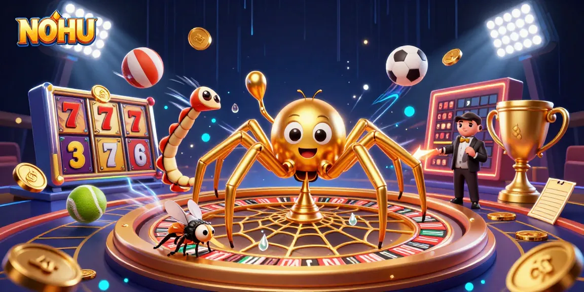 NOHU players spin the roulette wheel in an immersive 3D casino illustration filled with vibrant gambling elements.