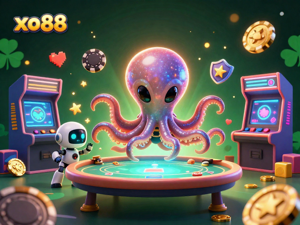 Experience exciting poker action with xo88's alien octopus and robot amidst vibrant casino features.