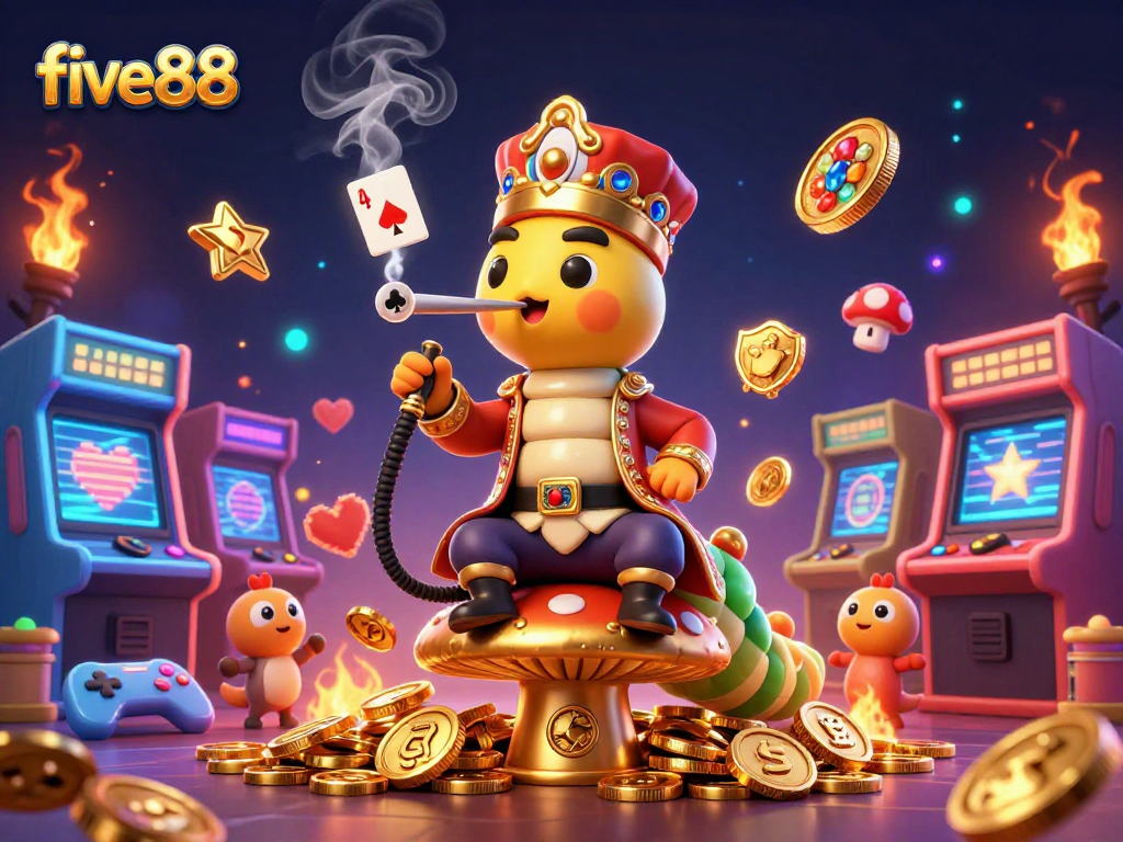 Experience vibrant gaming with five88's captivating 3D illustration of a hookah-master in a casino setting.