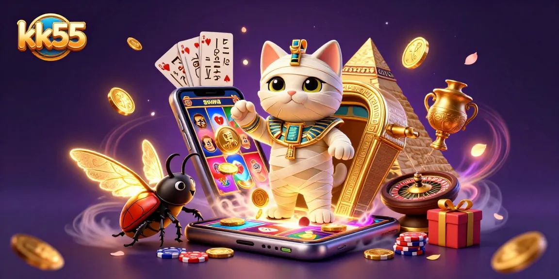 Win big with kk55 at the lively pyramid casino featuring a mummy cat and full casino atmosphere.