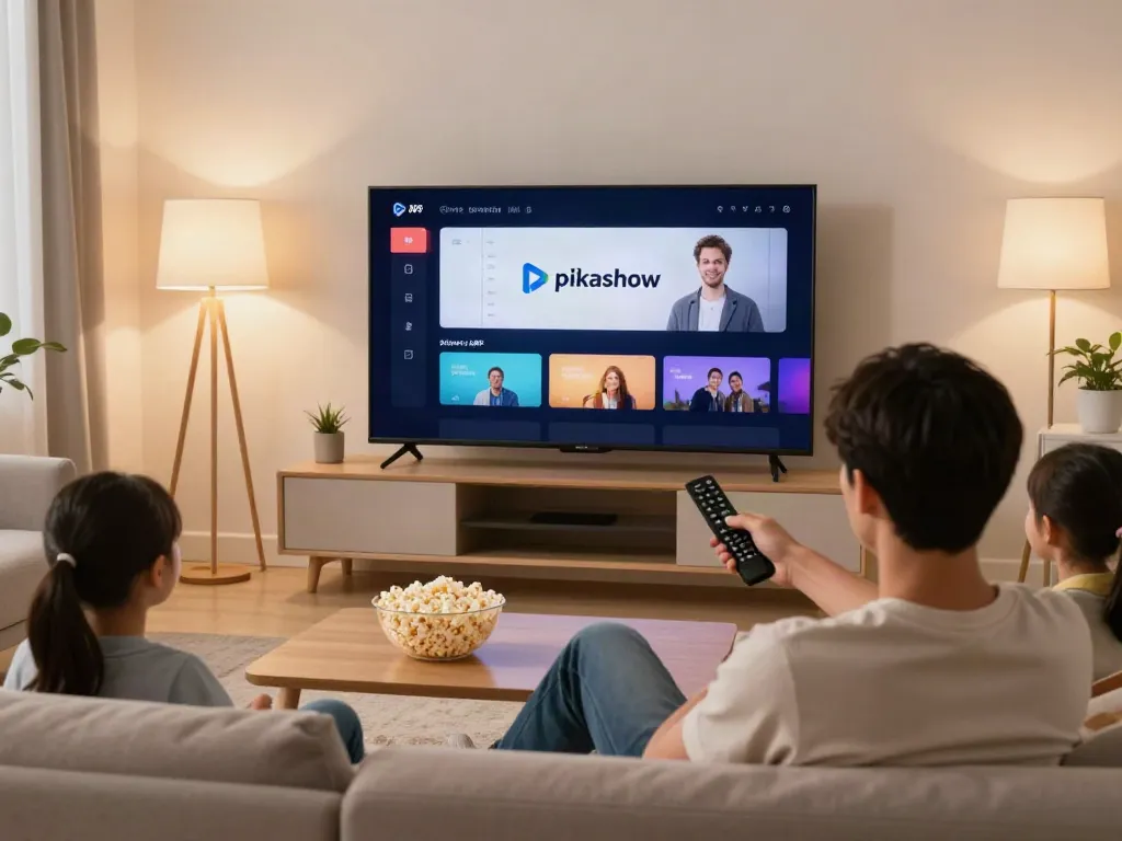 Enjoying Pikshow APK on a smart TV in a cozy living room with family.