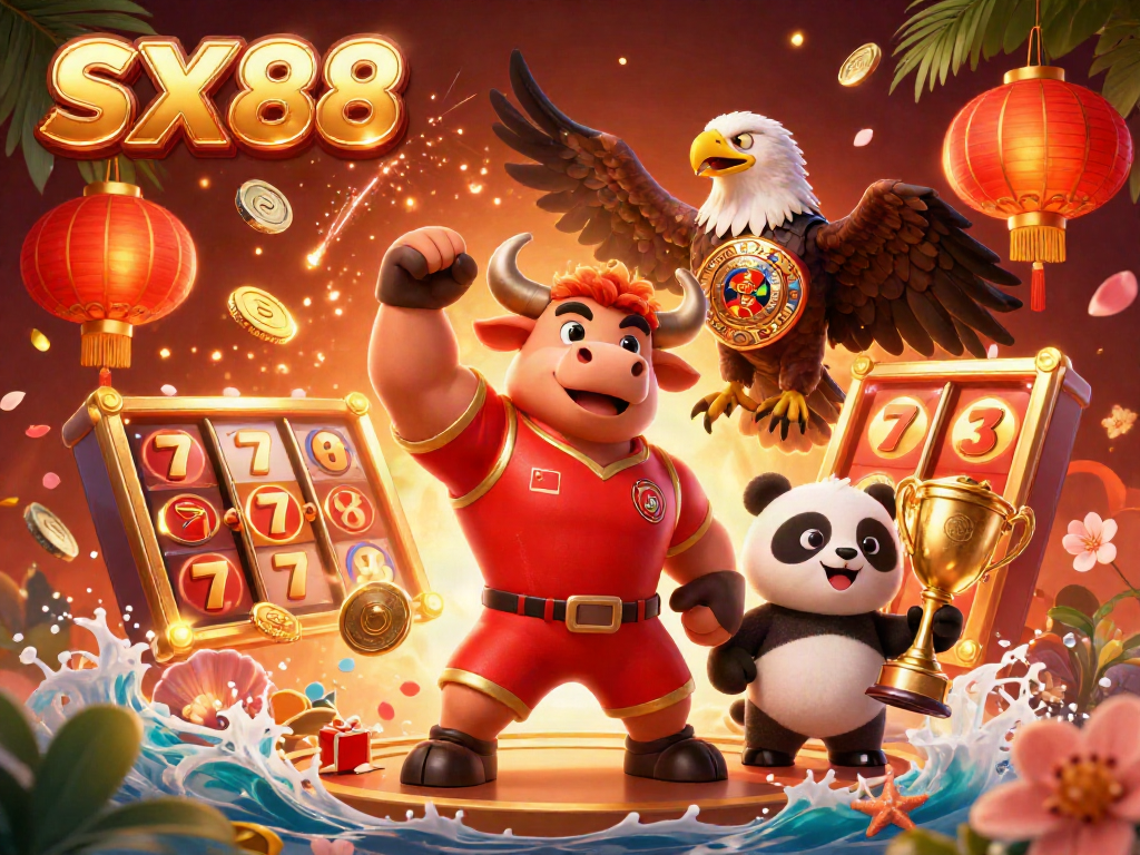 SX88 casino gaming scene featuring a victorious bull mascot, eagle, and panda with slot reels and festive elements.