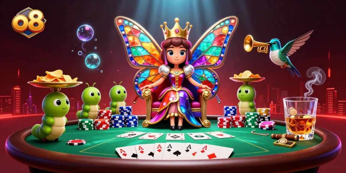 Experience thrilling action at o8 with a vibrant casino scene featuring a butterfly queen and poker elements.