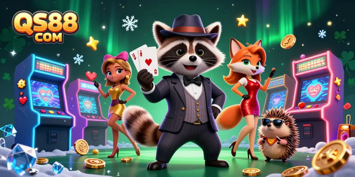 Experience exciting gameplay at QS88 COM with a raccoon holding a winning royal flush and engaging characters.