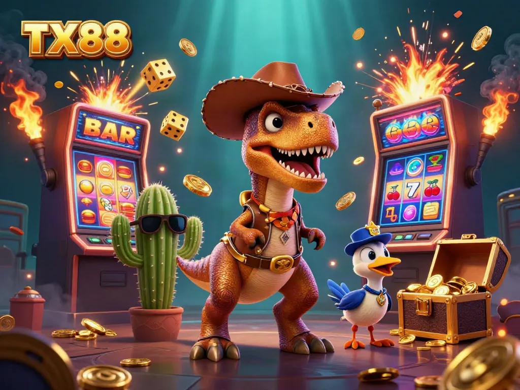 TX88 energizes the casino experience with a dynamic scene of cowboy dinosaur characters amidst flying slot symbols.
