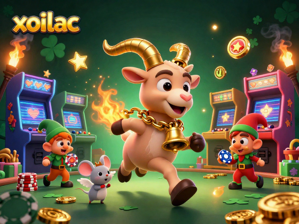 Xoilac showcases a vibrant 3D casino scene with dynamic characters in a whimsical gambling environment.