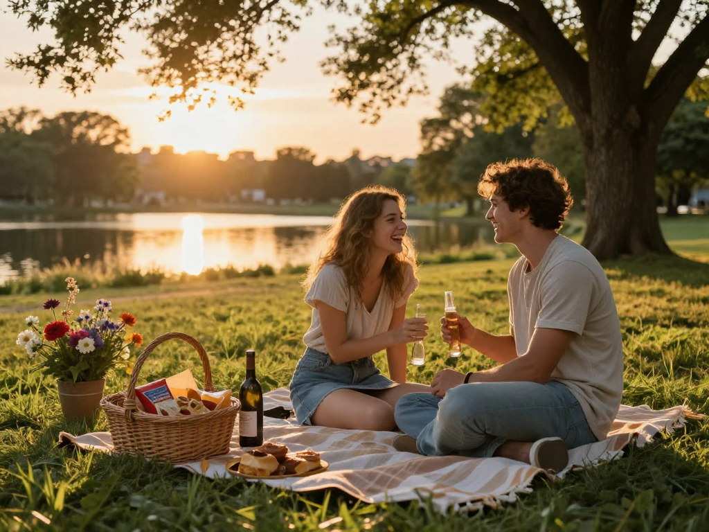 Couple enjoying a romantic picnic during golden hour at a park, showcasing F168 vibe.
