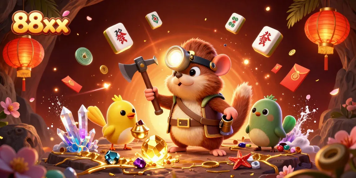 Experience the excitement of 88xx with a treasure hunter mole amid golden deposits and vibrant casino elements.