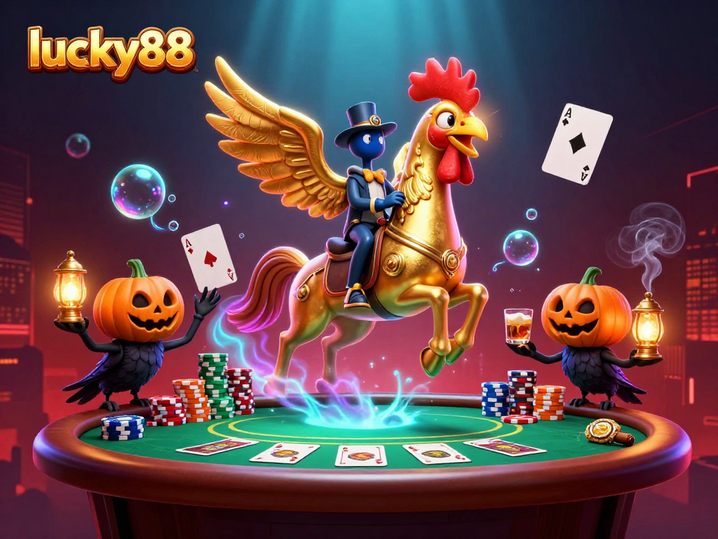 Experience vibrant gaming action at lucky88 with golden rooster and poker elements in a thrilling casino setting.