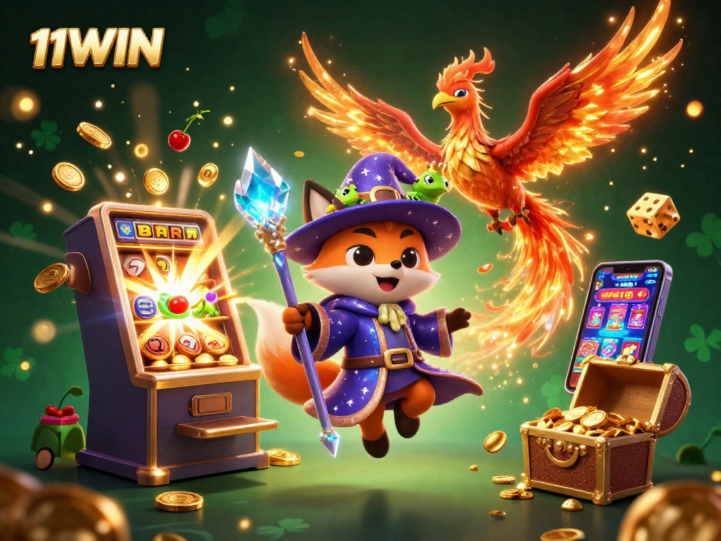 Engage with top slots at 11WIN featuring a wizard fox and jackpot elements in a vibrant 3D scene.