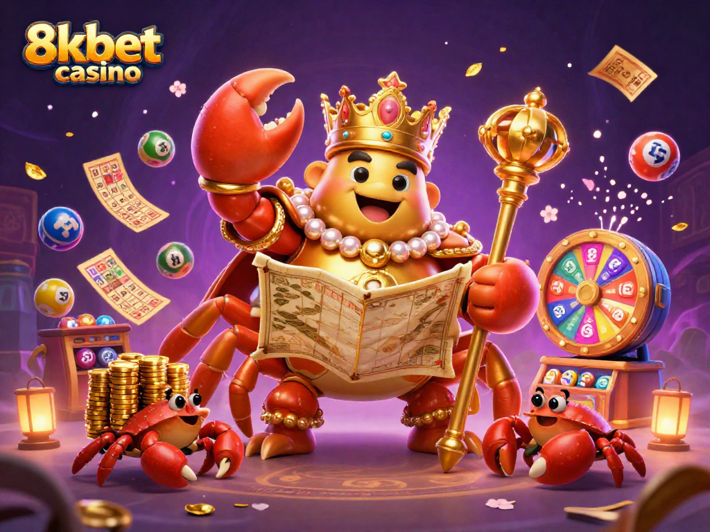 Engage with the vibrant 8kbet casino scene featuring a golden crab emperor amidst colorful gambling elements.