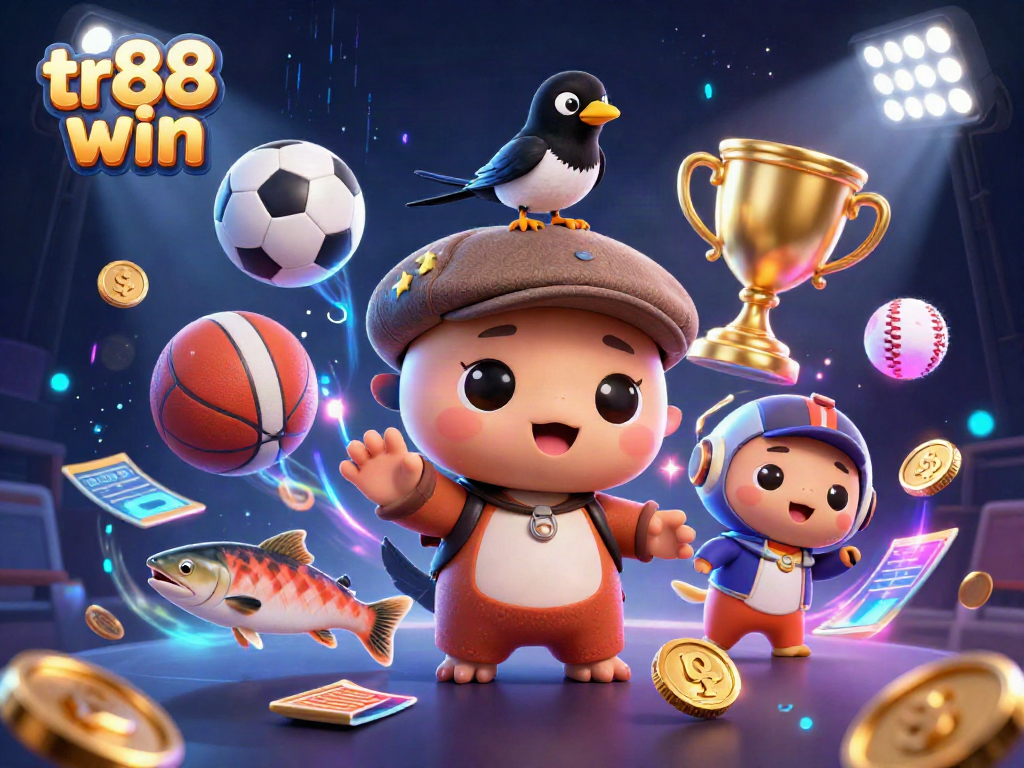 Spin to win with tr88 win featuring 3D cartoon characters in a vibrant casino scene.
