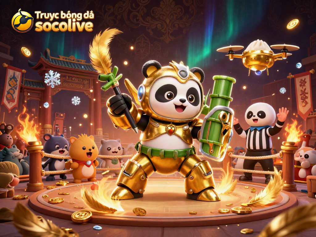 Watch Trực tiếp bóng đá socolive featuring a dynamic 3D panda robot in an engaging arena
