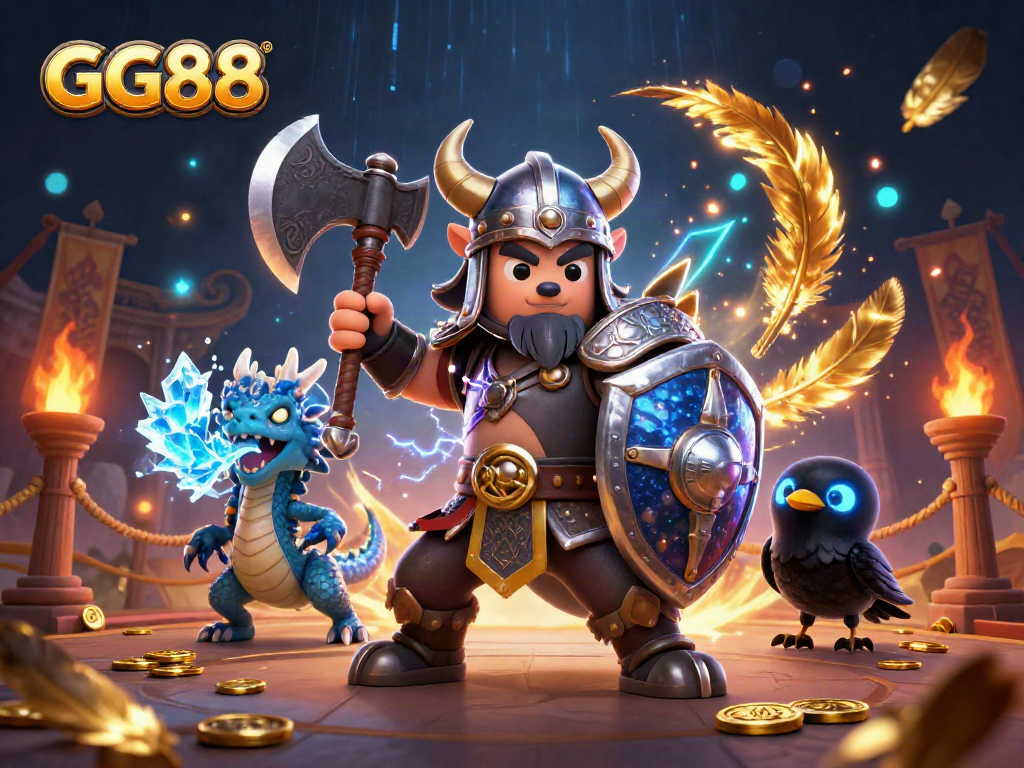 GG88 engaging Viking warrior conquering the casino world, surrounded by glory symbols and dynamic action.
