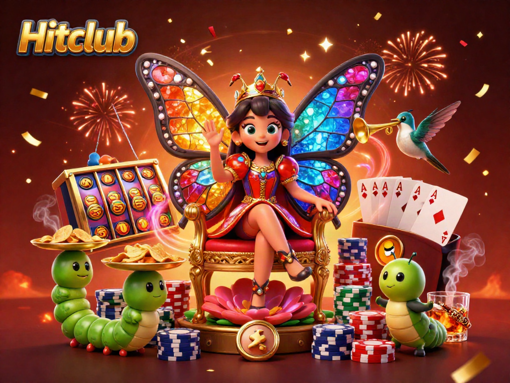 Hitclub showcases a vibrant casino scene with colorful elements, including a butterfly queen and gaming features.