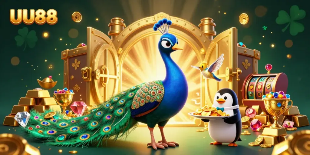 Engage in thrilling casino adventure with UU88's vibrant illustration of gems, golden chips, and lively characters.