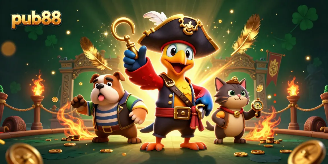 Engage with pub88's vibrant casino scene featuring a pirate captain giving orders in 3D illustration.
