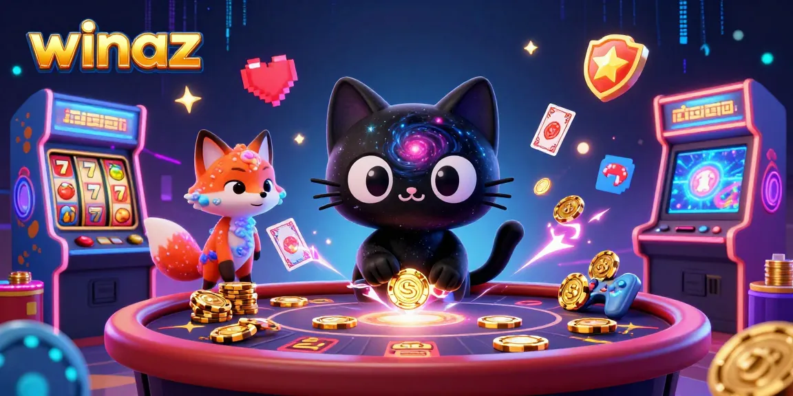 Winaz cosmic casino scene featuring a black hole cat and colorful gas fox amidst rich gaming elements.