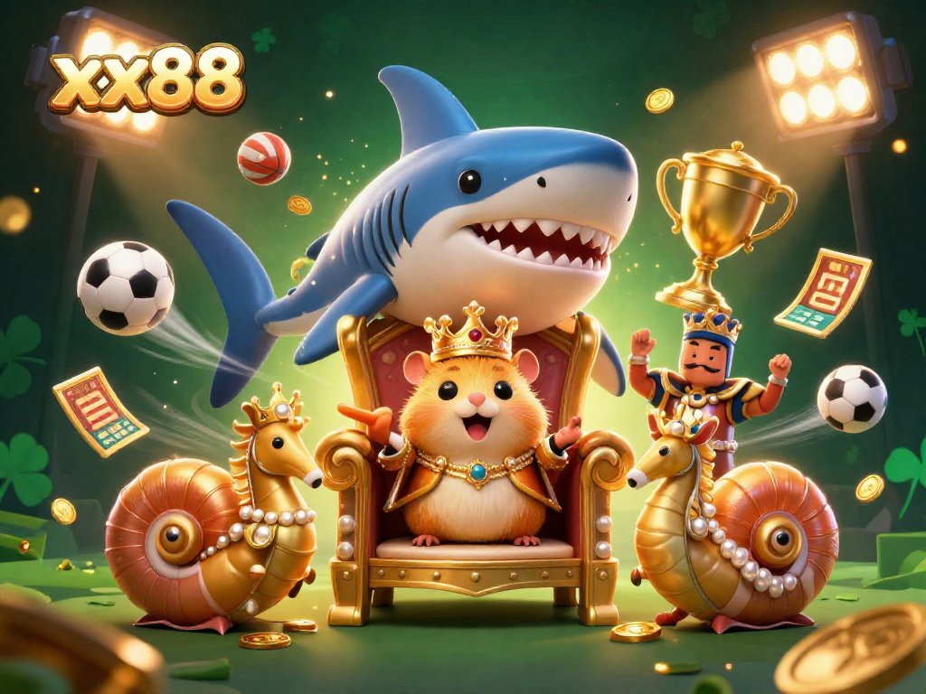 Engage in thrilling betting with the fierce golden hamster king at xx88, surrounded by dynamic sports elements.