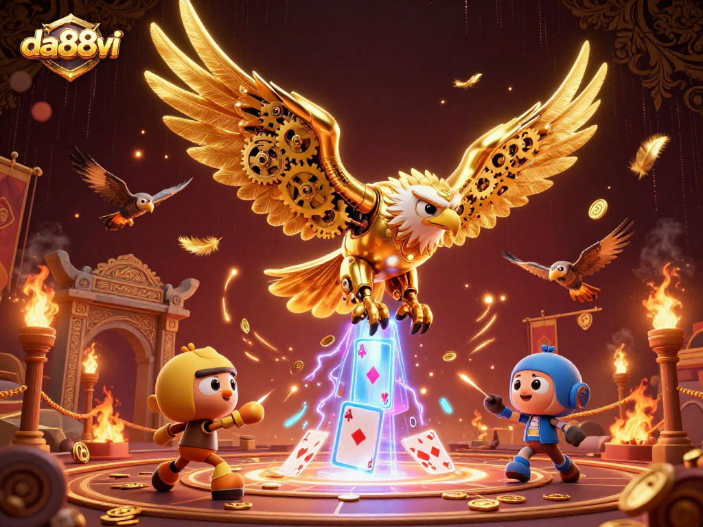 Experience thrilling dives with da88vi's golden eagle among holographic cards and vibrant casino elements.