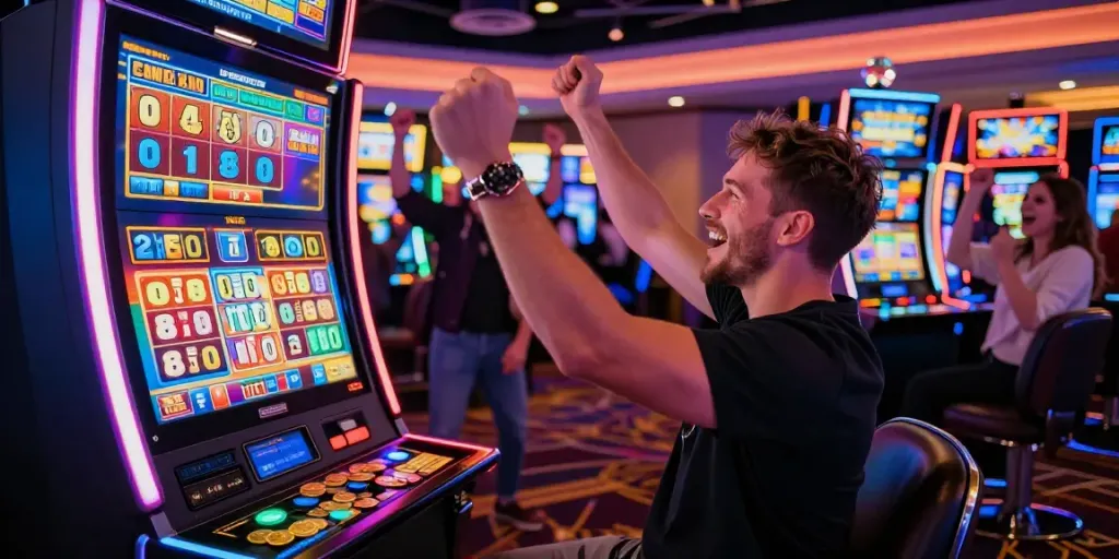 Aktivitas pemain slot gacor yang merayakan kemenangan besar di kasino dengan sorotan lampu berwarna-warni.