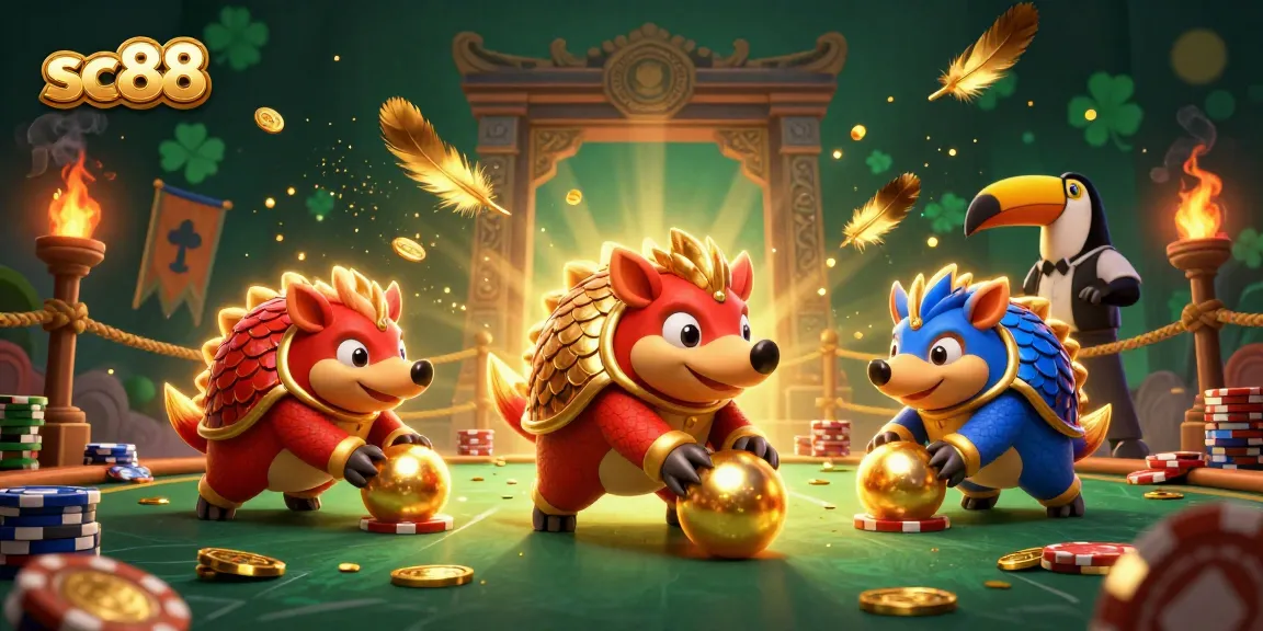 Experience thrilling slots and gaming action with SC88's dynamic illustration featuring rival pangolins and poker chips.
