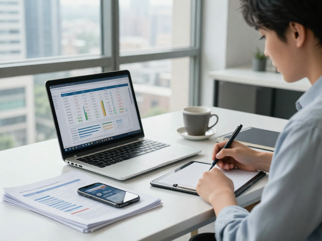 Een financiële expert analyseert de hoogste spaarrente in een moderne kantooromgeving.