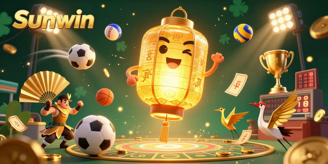 Sunwin casino illustration featuring a glowing lantern spirit among dynamic sports betting elements.