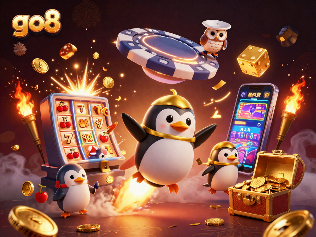 Win big with go8's casino adventures featuring a golden penguin and jackpot scenes!