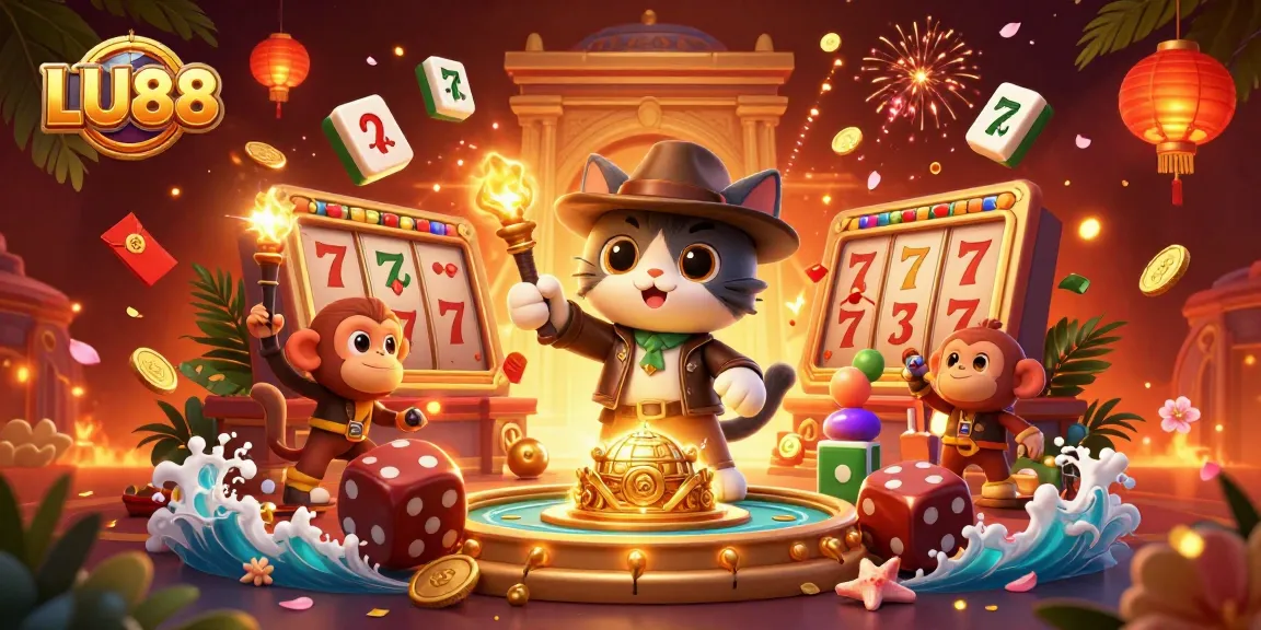 LU88 adventurers uncovering golden artifacts among vibrant casino treasures, immersing in thrilling games.