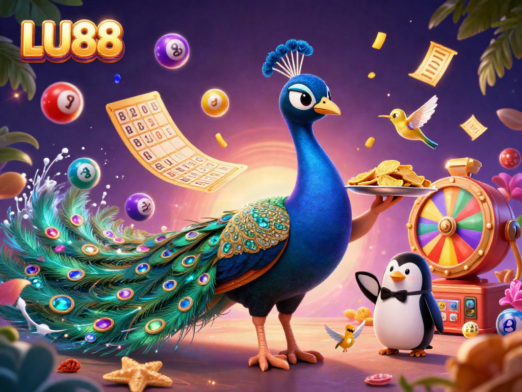 Play exciting games and win with LU88 in this vibrant casino illustration featuring colorful elements.