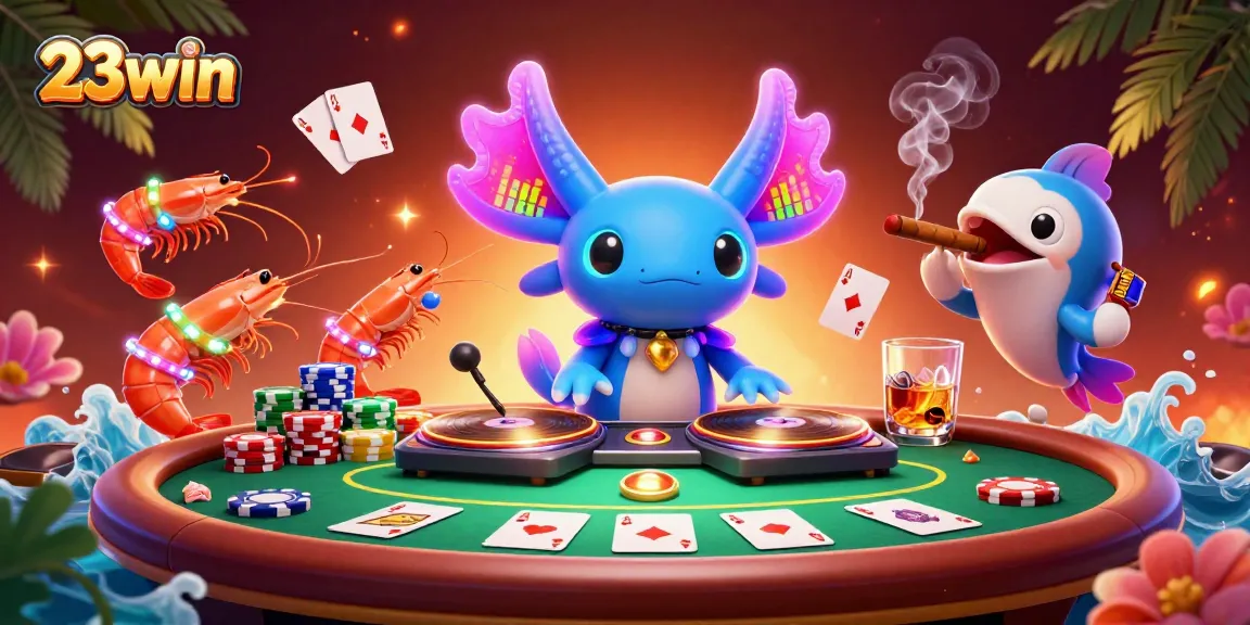 Experience the lively atmosphere of 23win with vibrant casino characters and dynamic poker action.