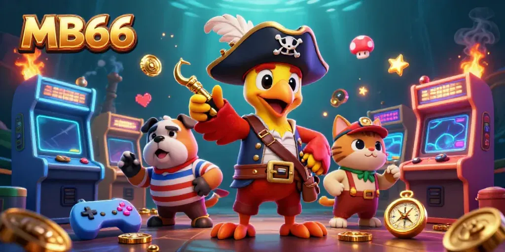 Experience the thrill of MB66 gaming with pirate-themed characters and vibrant casino elements.