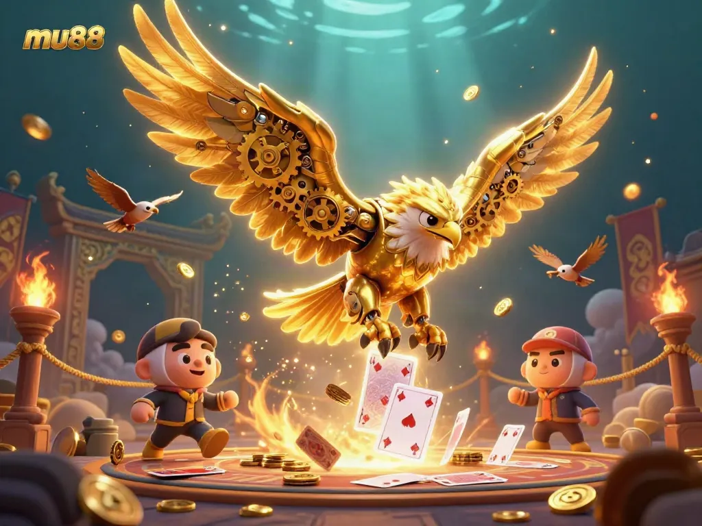 Experience the thrill of mu88 with a cybernetic eagle flying through casino elements and holographic cards.
